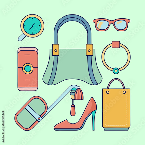 Fashion illustration of women's accessories in a flat design aesthetic on light green