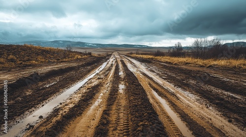 Fototapeta Naklejka Na Ścianę i Meble -  Muddy path in a mountain area with aggressive off-road tire marks and splattered mud all around