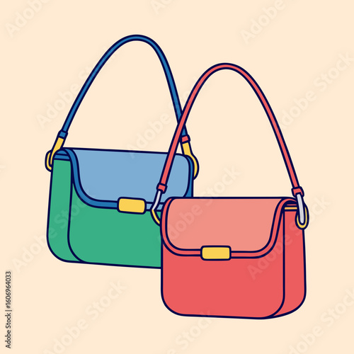 Two fashionable shoulder bags in complementary colors against a beige background