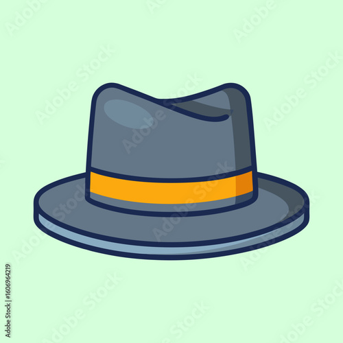 Illustration of a stylish Fedora hat with orange band on light green background