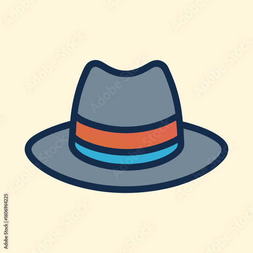 Stylized gray fedora hat with colorful bands and dark blue outline