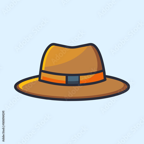 Cartoon illustration of a stylish brown fedora hat with orange ribbon