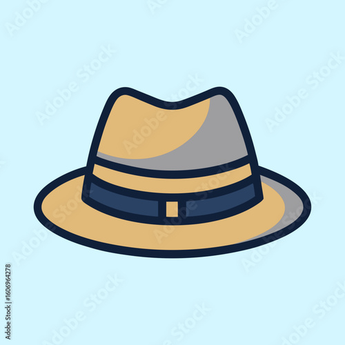 Stylish beige and gray fedora with a dark blue band illustration