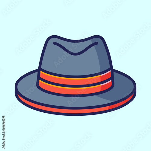 Stylized gray fedora hat with orange bands and dark blue outline