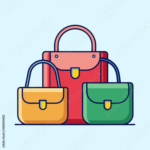 Three colorful cartoon handbags or purses with rounded handles and dark outlines