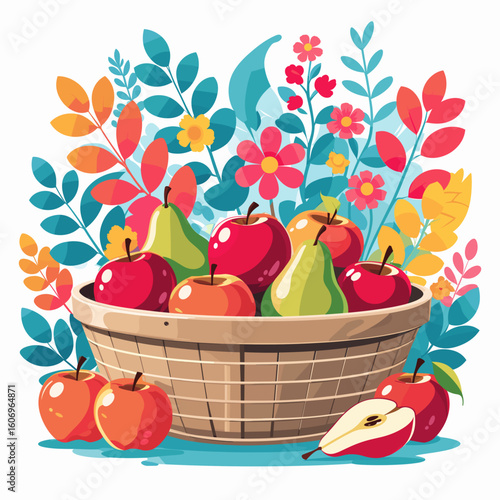 Colorful basket of fruits with flowers and foliage in autumn style  