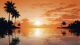 Tropical Sunset Over Ocean with Palm Tree Silhouettes