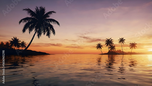 Scenic Sunset Over Tropical Island With Palm Tree Silhouettes