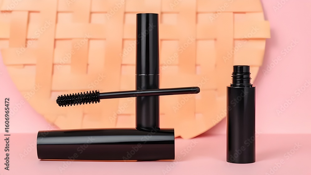 Obraz premium Black mascara wand and tubes on a pink background
