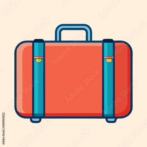 Retro Style Coral Suitcase Illustration with Blue Accents on Light Tan Background