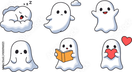 Cute cartoon ghosts vector illustration set for halloween designs and graphic elements collection design