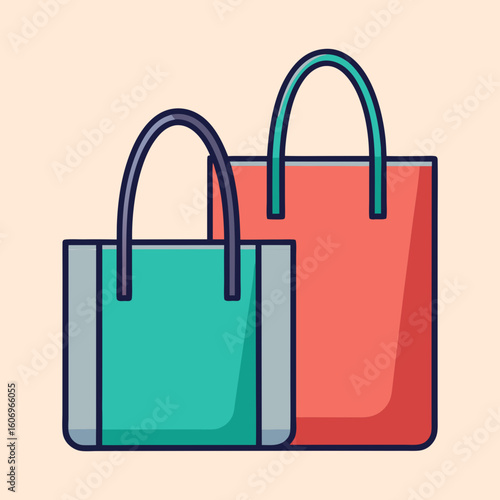 Two stylish shopping bags in trendy teal and red colors design