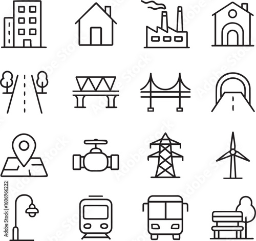 infrastructure line editable icon set. Contains icons related to public infrastructure. City elements. vector illustration