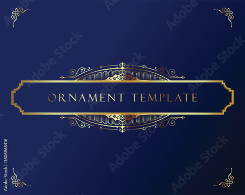Luxury Ornamental Invitation Template. Elegant Gold Decorative Frame. Royal Flourish Elements, Scroll Border, Vintage Art Deco Pattern, Blank Blue Card. Wedding, Birthday, Indian, Islamic, Persian