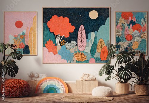 A playful and vibrant setting with art reminiscent of fairy tales and nature, ideal for children's rooms and creative spaces. Perfect for design and imagination.