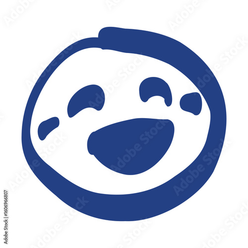 Bold blue hand-drawn smiling face icon with expressive eyes, ideal for playful graphics, messaging, or friendly design projects.
