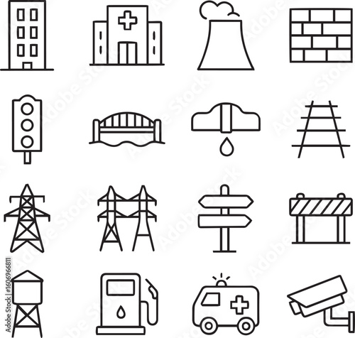 infrastructure line editable icon set. Contains icons related to public infrastructure. City elements. vector illustration