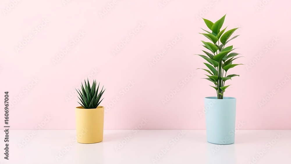 Fototapeta premium Two potted plants on a pink background with a minimalist aesthetic