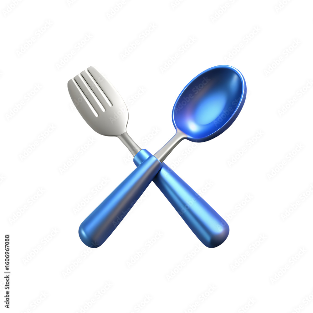 Fototapeta premium A Culinary Intersection: A close-up shot captures a gleaming blue spoon and fork gracefully crossed.