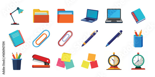 Vector art of a vibrant collection of essential office supplies arranged neatly are isolated on white background