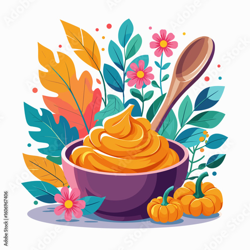 Pumpkin puree in bowl with wooden spoon and autumn leaves and flowers  