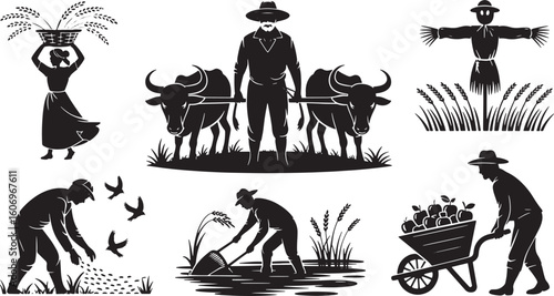 Silhouetted Farmers Cultivating Land with Oxen, Harvesting Crops, and Scarecrow in Field