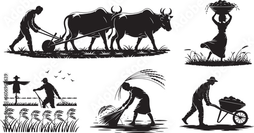 Silhouetted Farmers Cultivating Land with Oxen, Harvesting Crops, and Scarecrow in Field