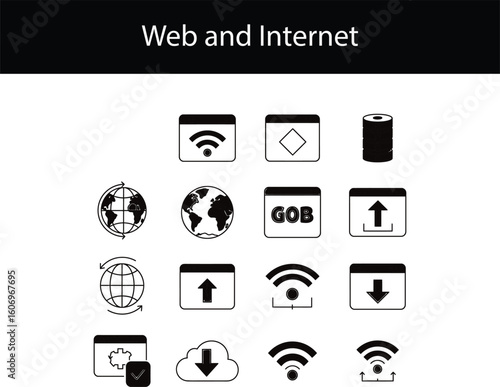 Iconic Web and Internet Symbols: A concise arrangement of internet-related symbols, capturing essential digital functions in a crisp, graphic style.