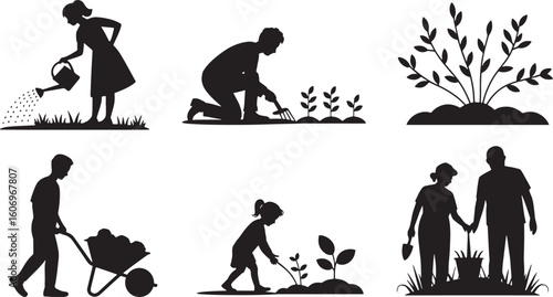 Silhouettes of Farmers Gardening, Watering, and Planting on Transparent Background