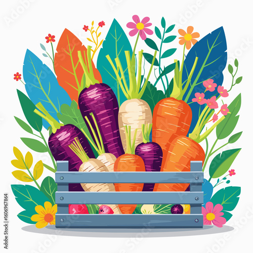 Colorful vegetables in a wooden crate surrounded by vibrant leaves  