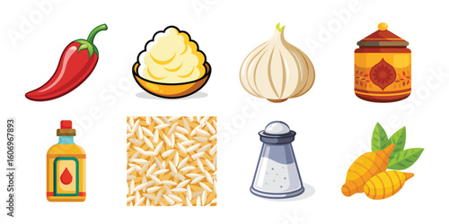 Vector art of a vibrant collection of spices and ingredients for creating flavorful dishes