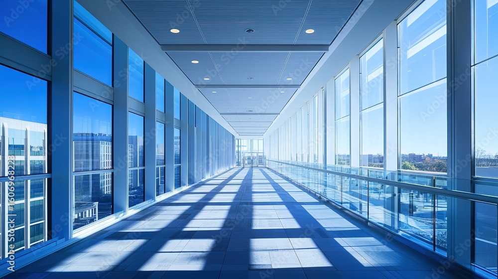 Fototapeta premium Modern office building interior, hallway lined with glass partitions, sunlight reflecting on the floor, city view outside