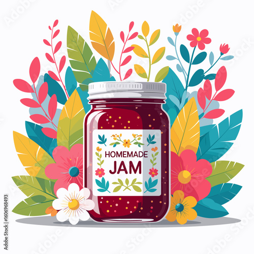 Homemade jam jar surrounded by colorful flowers and leaves  