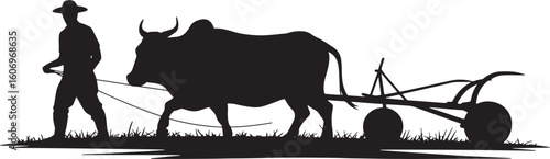 Ox-Driven Plow Silhouette Vector Illustration of a Farmer Plowing with an Ox Design
