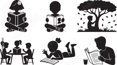 Reading Silhouette Icons: People Reading Books Under Tree, Sitting, and Lying Down