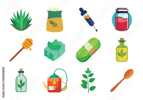 Vector art of a collection of natural medicine icons including aloe, honey, oil, and tea isolated on white background