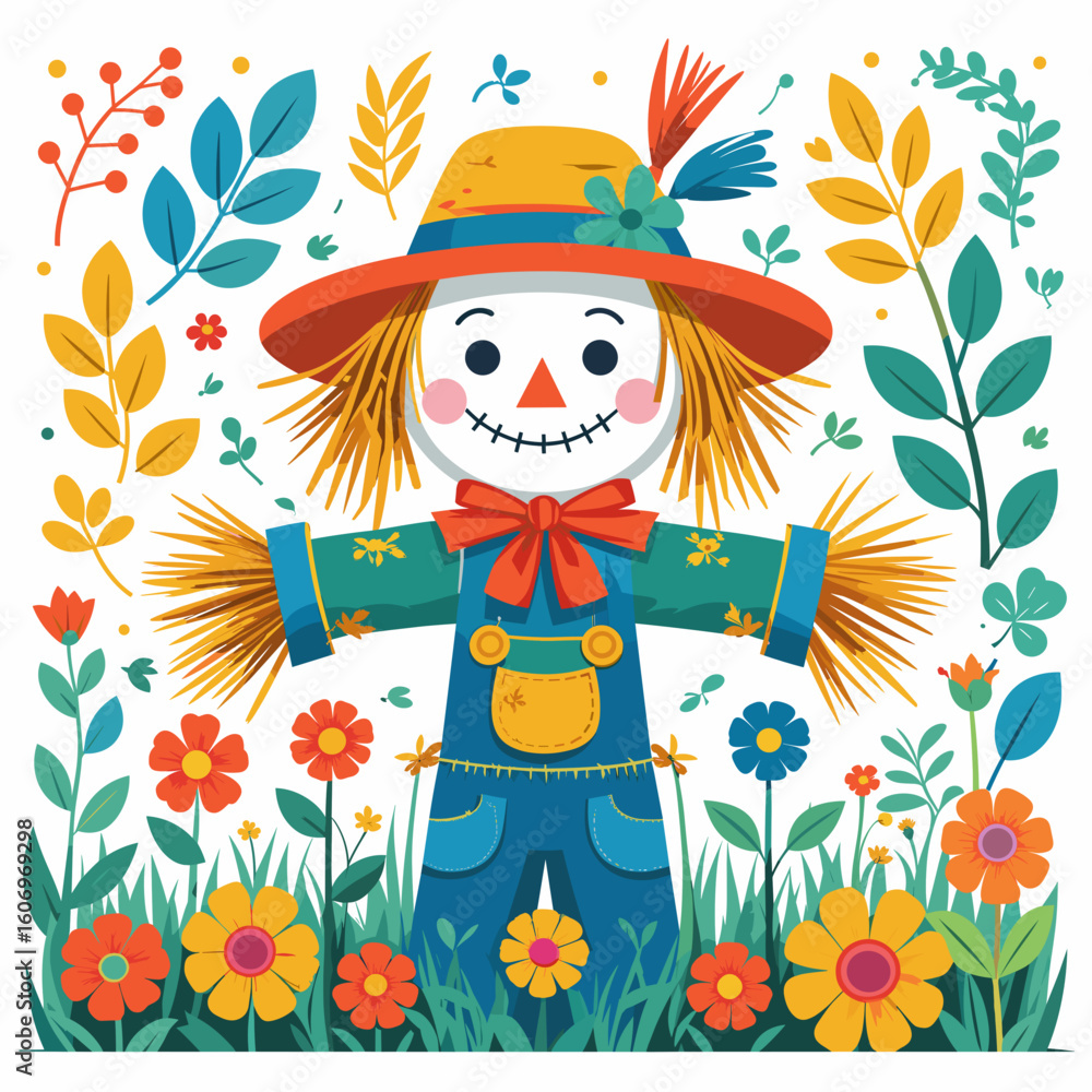Naklejka premium Colorful scarecrow surrounded by vibrant flowers and leaves