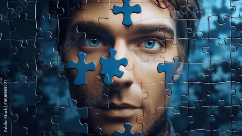 Portrait of a man with puzzle pieces overlay. Blue pieces float around the face. Visual representation of mental health concept.