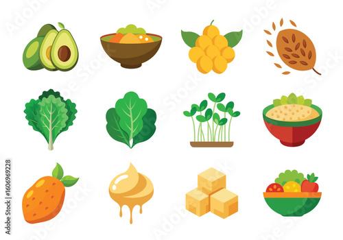 Vector art of a collection of healthy food icons including avocado, grapes, sprouts, and salad isolated on white background