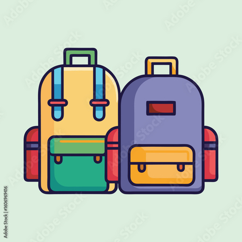 Two cartoon backpacks in different colors ready for school or hiking