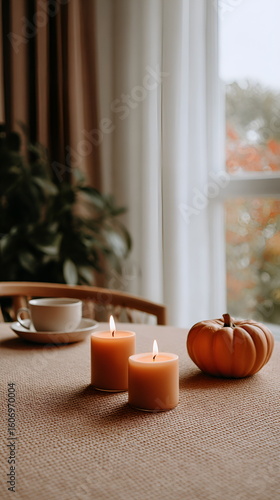 Wallpaper Mural Cozy autumn table setting with candles and pumpkin by the window  , fall season Torontodigital.ca