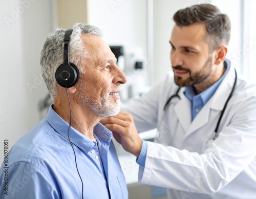 Senior man undergoing a comprehensive hearing evaluation with an audiologist in a modern otolaryngology clinic.