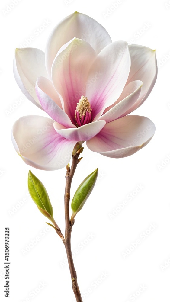 Fototapeta premium Elegant blooming magnolia flower with delicate petals on white background, close up