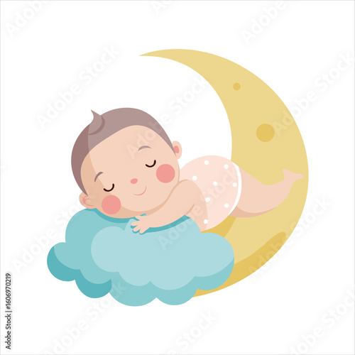 Cute baby peacefully sleeps on a cloud next to a crescent moon, evoking a sense of tranquility and dreams