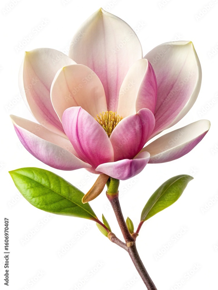 Obraz premium Closeup of a beautiful Magnolia flower with pink petals and green leaves