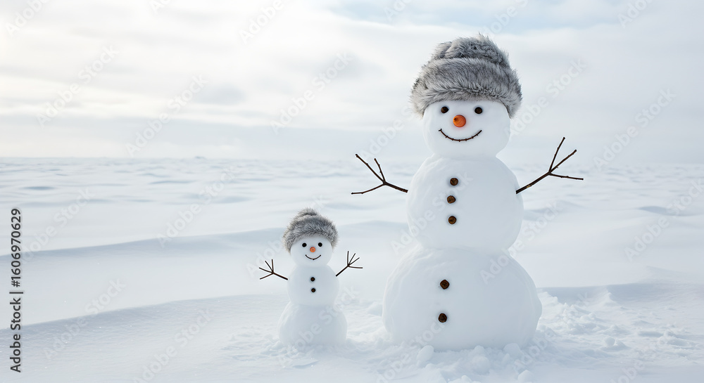 Fototapeta premium Adorable snowmen duo with ushanka hats, symbolizing winter fun and family