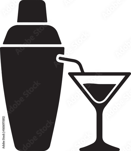 Silhouette of a cocktail shaker and glass, ideal for mixology, bar menu, party, and stylish drink-related designs.