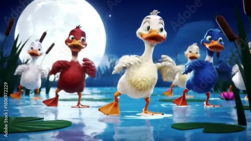 Five cartoon ducks dance joyfully by a moonlit pond, their vibrant colors contrasting against the serene night scene.