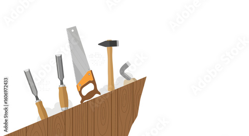 Set of Carpenter Hand Tools on a Wooden Plank Illustration