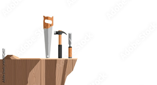 Essential Carpentry Tools Saw Hammer and Chisel on a Wooden Platform